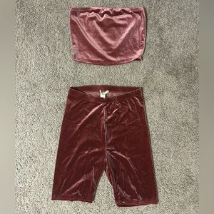 Velvet pink crop top and biker short set